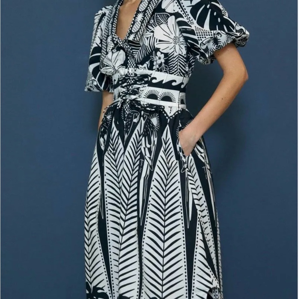 Farm Rio Elegant Black Macaw Organic Cotton Midi Dress
